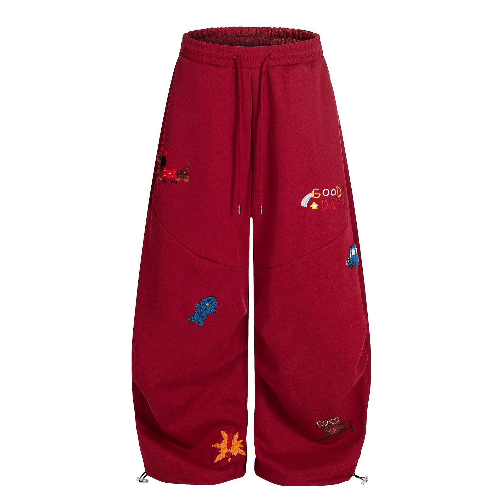 

2025 Women s Autumn/Winter Embroidered Cartoon Drawstring Wide-Leg Pants Small червоний