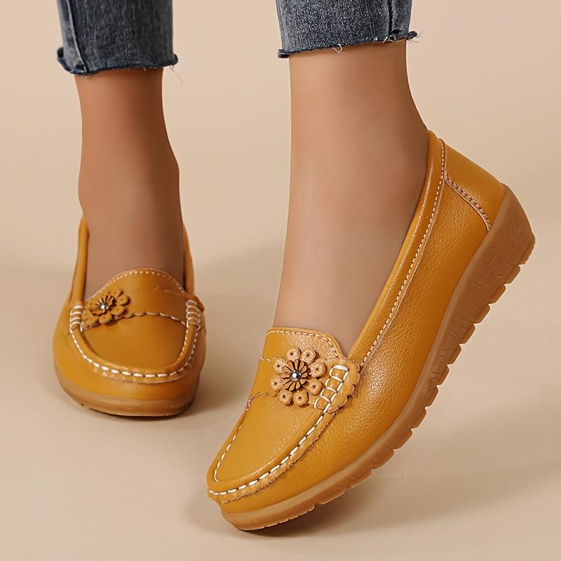 Women's Flower Decor Flat Loafers, Casual Solid Color Slip On Shoes, Lightweight & Comfortable Shoes