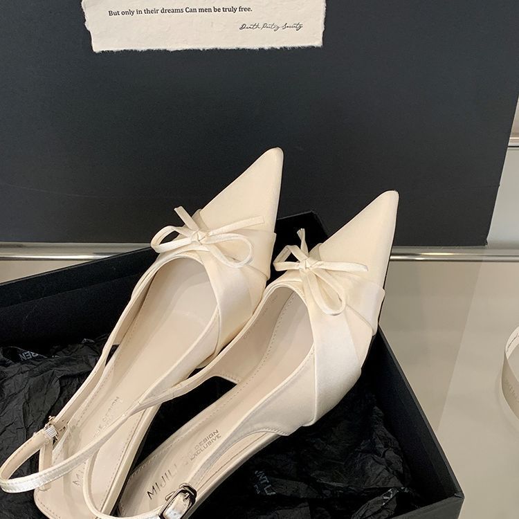 French Bow Front Bag Head Rear Empty Sandals Women's Summer 2025 Bow Pointed Stiletto Shoes