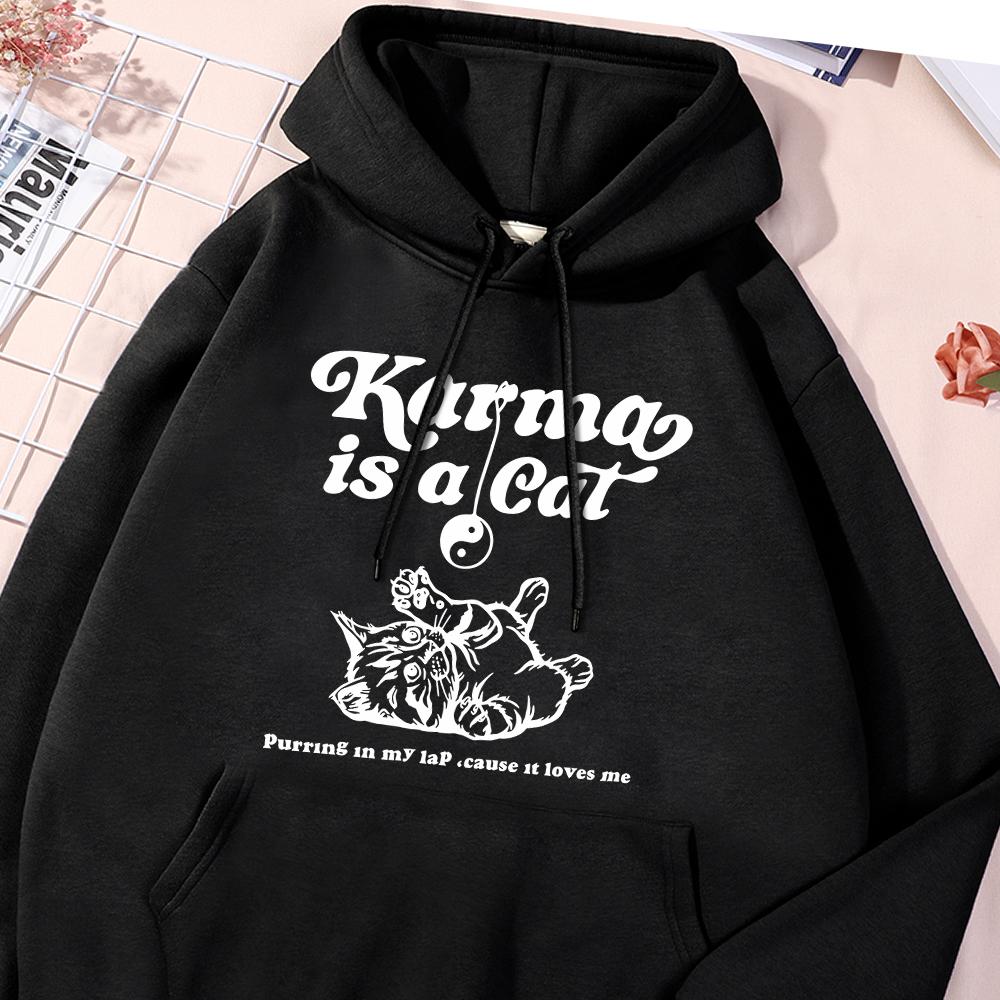 Karma Is A Cat White Sketch Printed Hoodie Female Basics Simple Sweatshirts Leisure Loose Sportwear Street Oversized Clothing