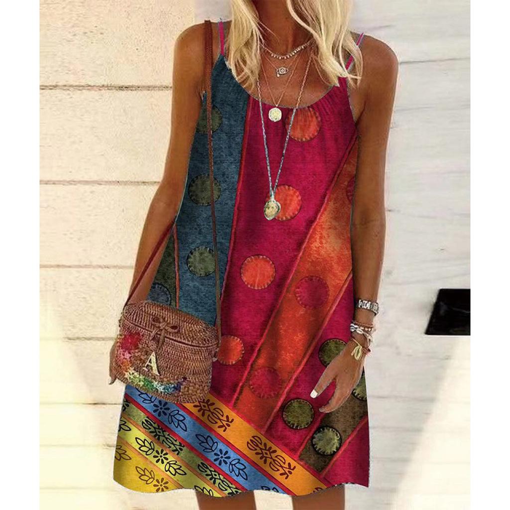 Women's Fashion Retro Multicolor Printed Loose Pullover Suspender Dress