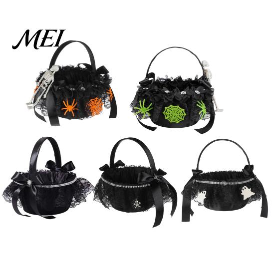 Decorative Ghost Candy Basket Black Flower Girl with Handle And Bow, Gothic Satin Handheld Halloween Decoration Lace for Wedding Ceremony, Bridal