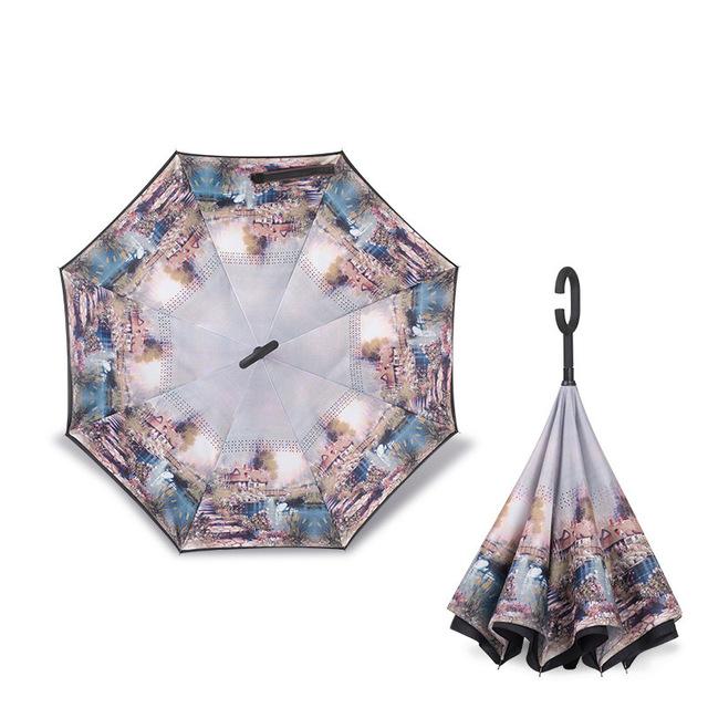 JPZYLFKZL Free Style Creative Long Shank Double Layer Inverted Umbrella Windproof Reverse C-Hook Male Golf Umbrella Reverse