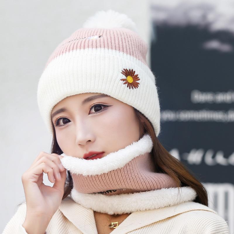 Hat Women's Autumn and Winter Wool Ball Cute Knitted Hat Winter Outdoor Biking Plus Fleece Warm Neck Protective Cotton Hat