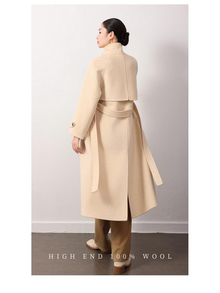 Double-Sided Cashmere Wool Coat, Women's 2024, 100% Wool, Stand Collar, Hepburn Style, Long and Loose Fit.