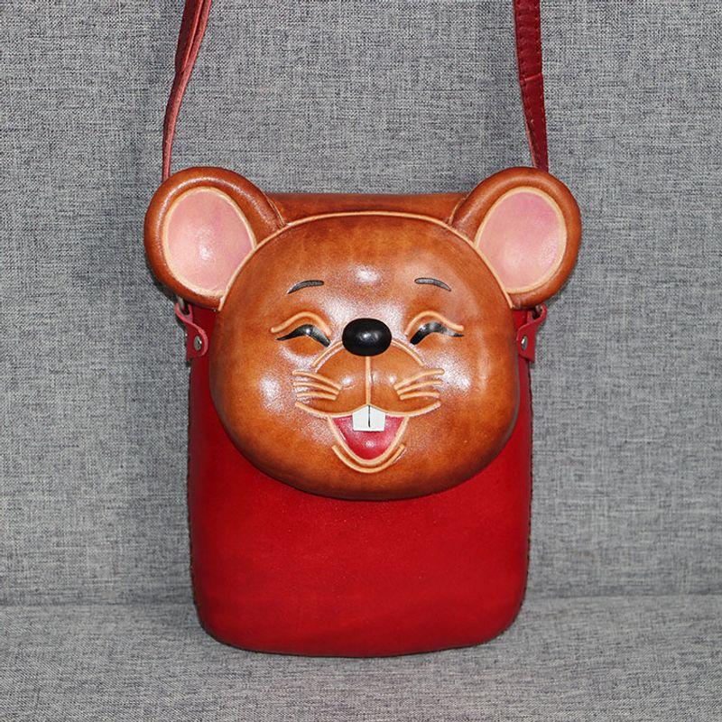 

Single Shoulder 12 Chinese Zodiac Cow Cartoon Animal Handmade Vegetable Tanned Leather Red Mouse