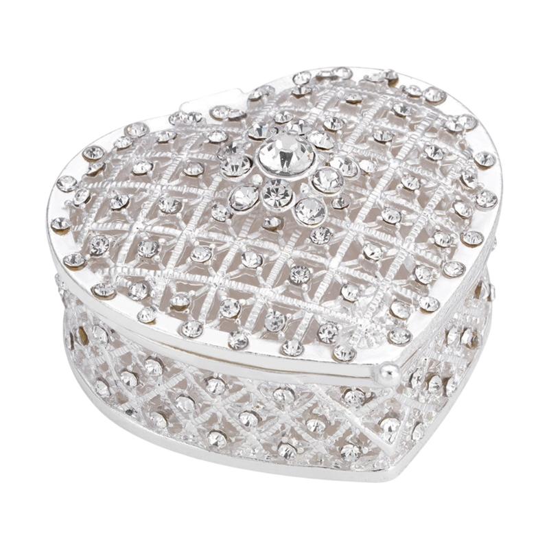 Romance Heart Shaped Metal Jewelry Storage Box Decorated With Diamonds And Pearls