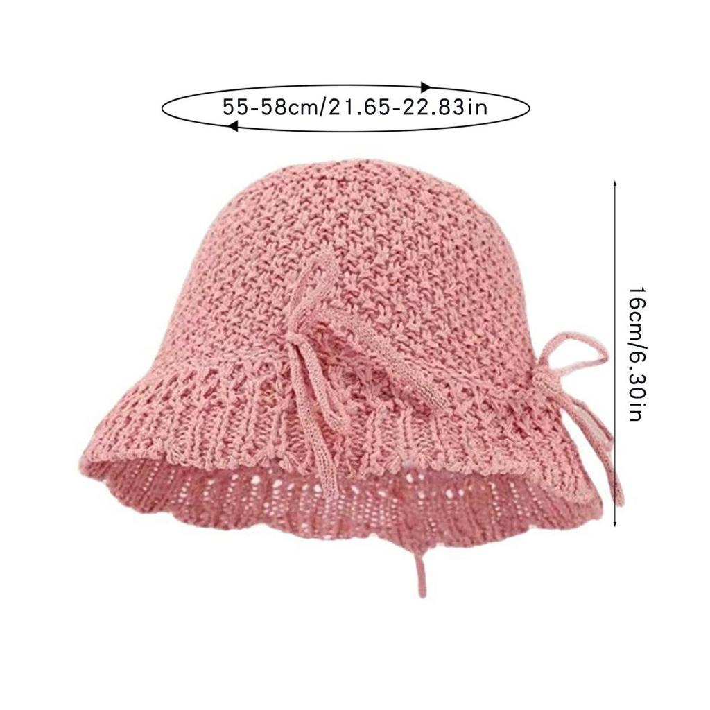 Women Summer Knitted Breathable Bucket Hat Sweet Bow Hollow Out Sun Protection Fishermen Cap Y2K Korean Girl Visors Hats