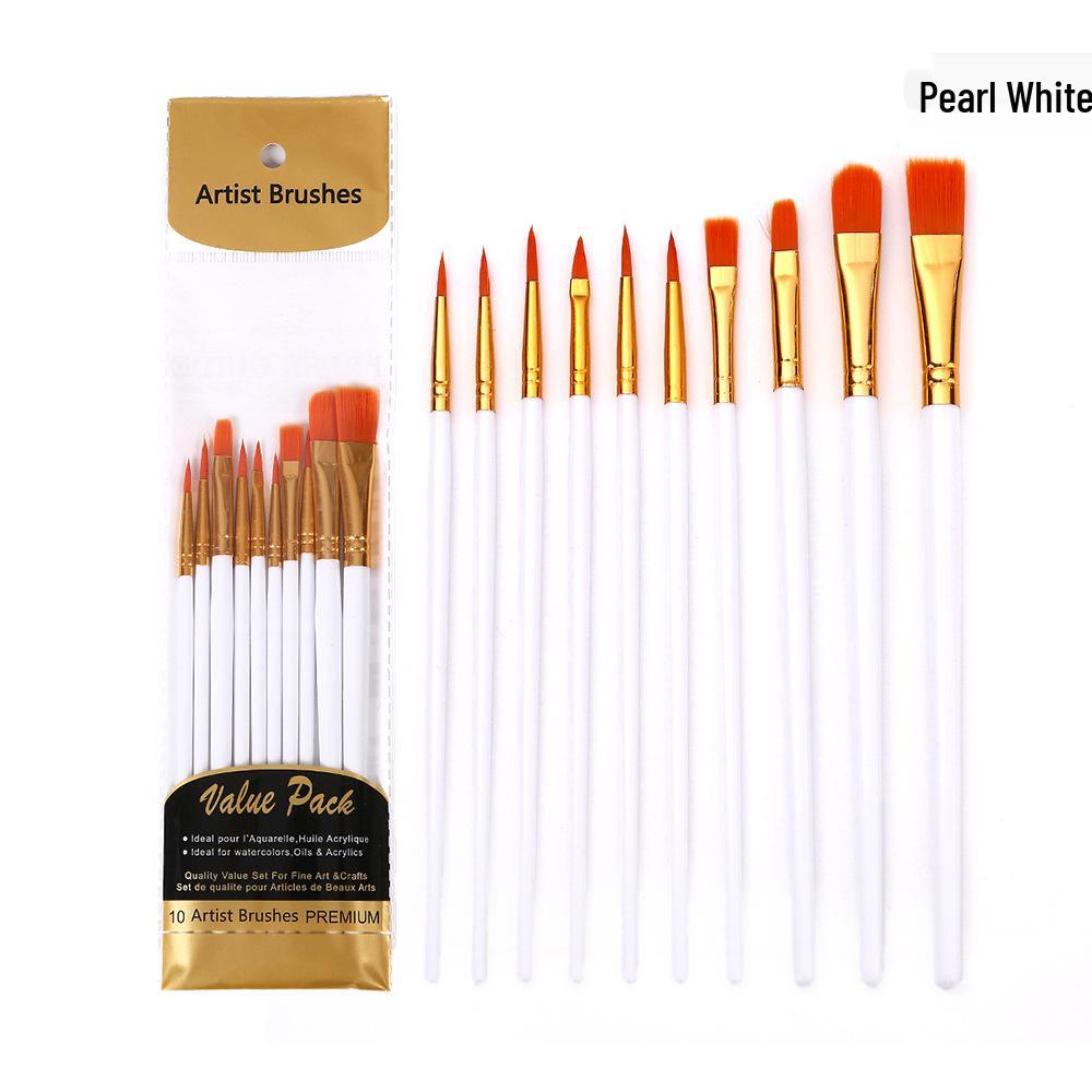 10-Piece Nylon Paintbrush Set with Plastic Handles for Oil, Watercolor, and Gouache Painting