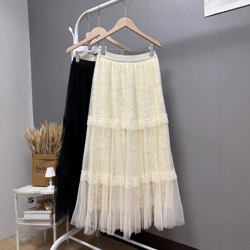 Women's Fairy Embroidered Mesh Midi Skirt - High Waist, Slimming, Fluffy Cake Design for Autumn/Winter