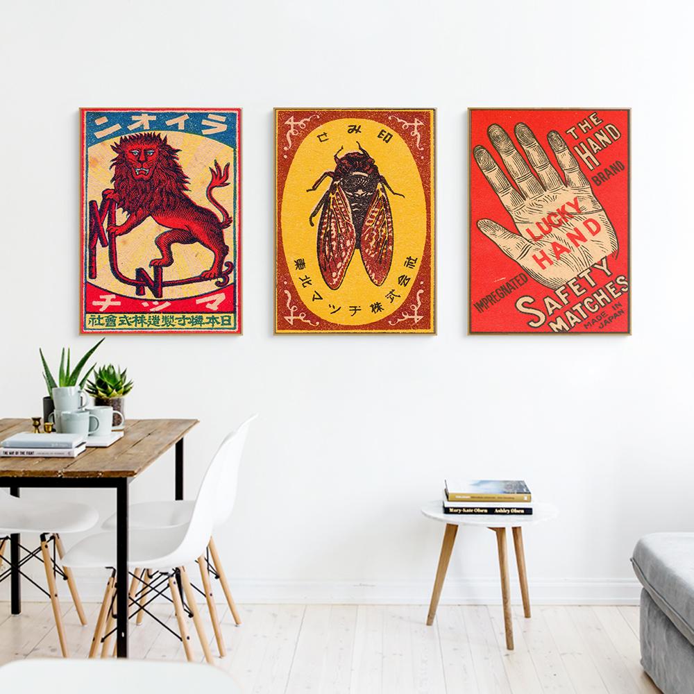 The Lucky Hand Animal Matchbox Print Wall Art Vintage Japan Canvas Poster Deer Cats Lion Cicada Painting Picture Home Room Decor