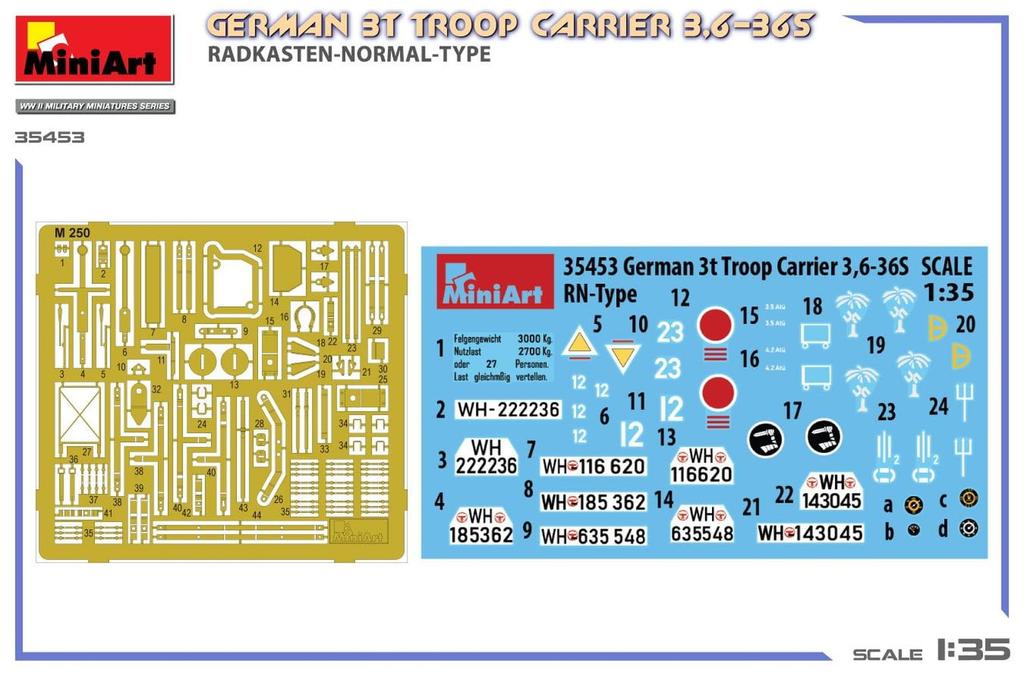 Miniart Scale German Troop Carrier Standard Fender Type Plastic Model MA35453 1/35 3-ton 3,6-36S (Military Vehicle)