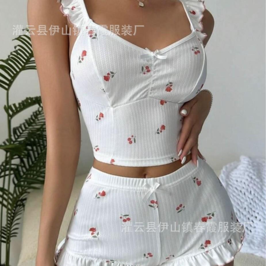Popular pajamas suspender sexy ruffle edge multi-color love print comfortable casual loungewear women