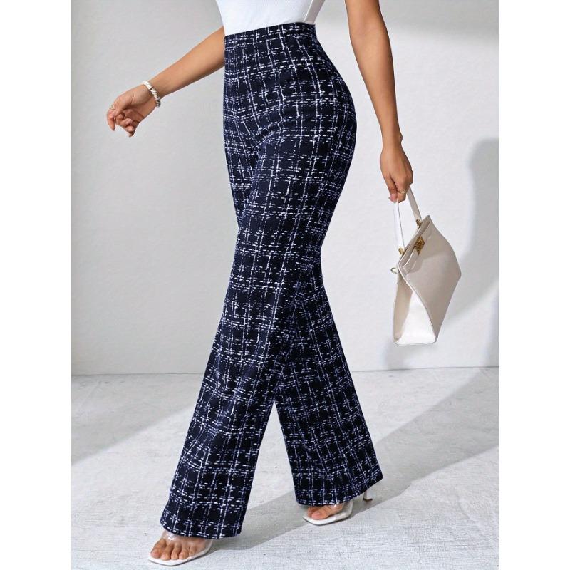 [Stretchy Flare Pants] High-Waisted Stretchy Women's Black and White Plaid Flare Pants | Casual Pants for Spring/Summer/Fall | Glossy Finish Pant
