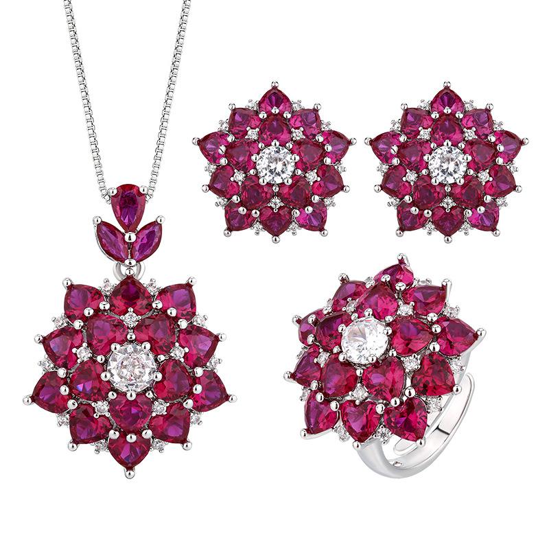 Jewelry Copper Bottom Gold-Plated Simulation Red Corundum Flower High-End Light Luxury Suit Women