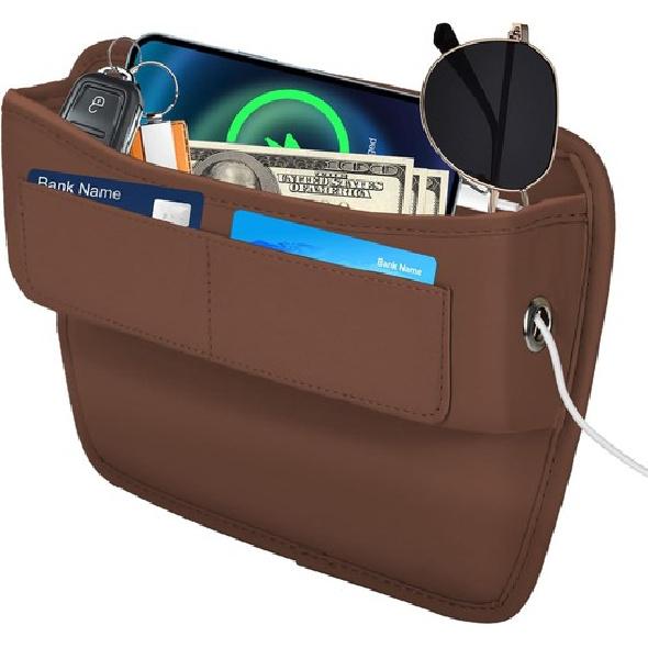 Seat Gap Filler Organizer with Card Holder, Leather Center Console Side Brown