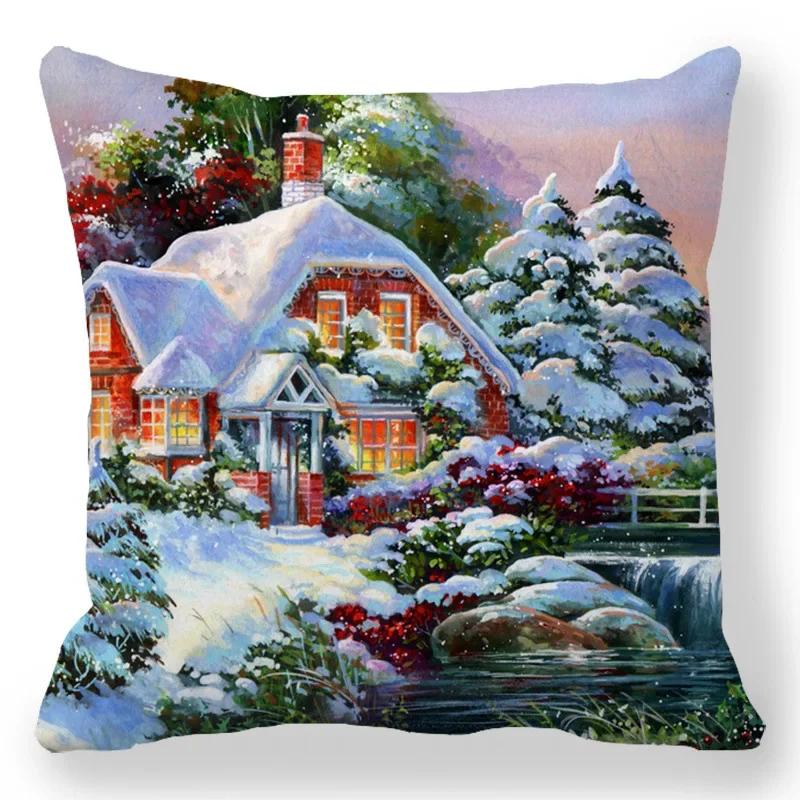Christmas Decor Cushion Cover Christmas Gifts Home Party Decorative Pillow Cover Winter Snow Scene Animal Angel Print Pillowcase
