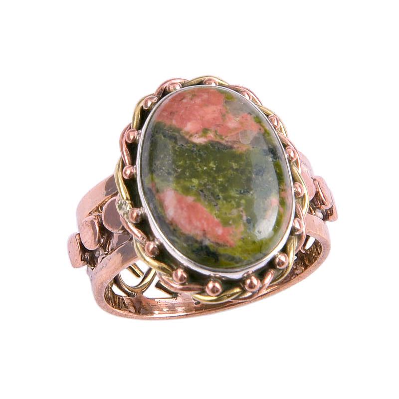 Natural Unakite Gemstone Two Tone 925 Sterling Silver Jewelry Ring Size 7.5 V5C48