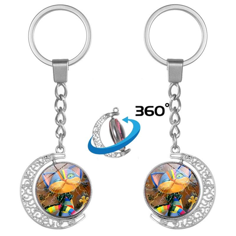 Abstract Cat Double-sided Rotating Moon Pendant Keychain Gift