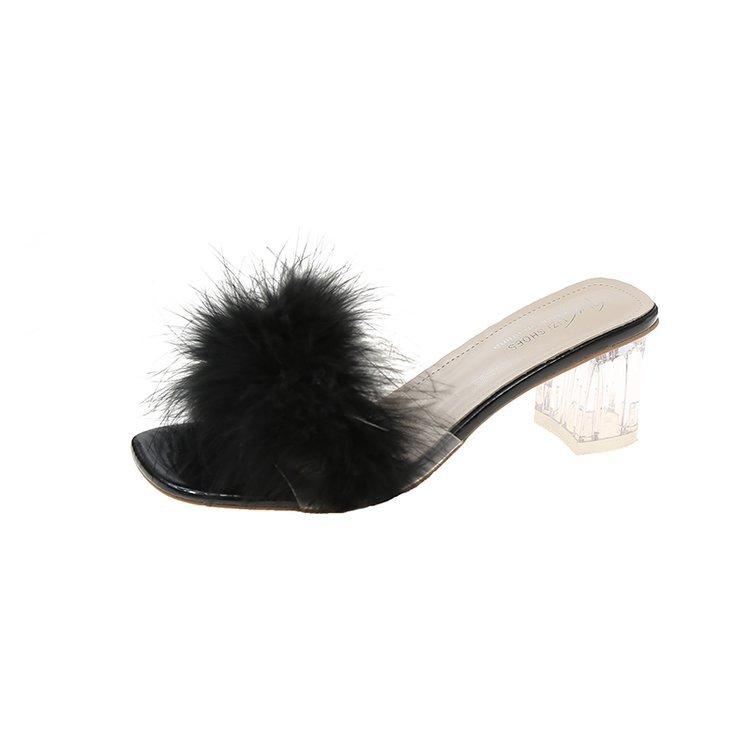 [Youshilai] 2025 Summer New Crystal and Transparent Cool Slippers Women's Fluffy Slippers Simple and Generous