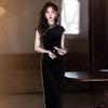 Black Velvet Sleeveless Long Cheongsam Dress 2026 Womens Elegant Modern Chinese Style Evening Gown