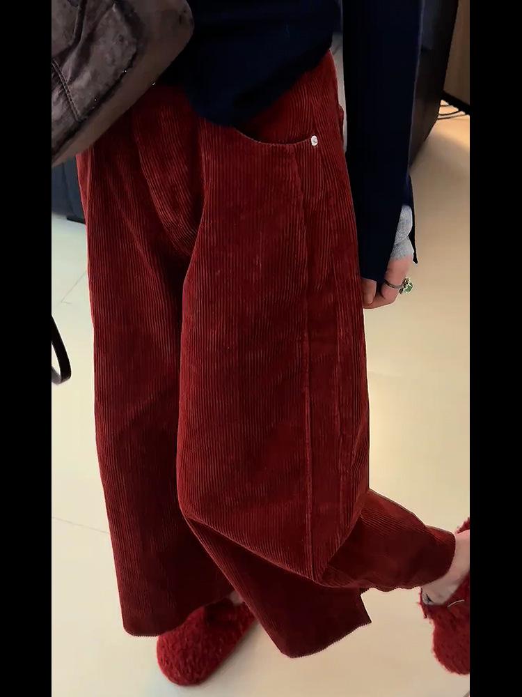 2025 Autumn Women s High-Waisted Red Corduroy Wide-Leg Trousers L