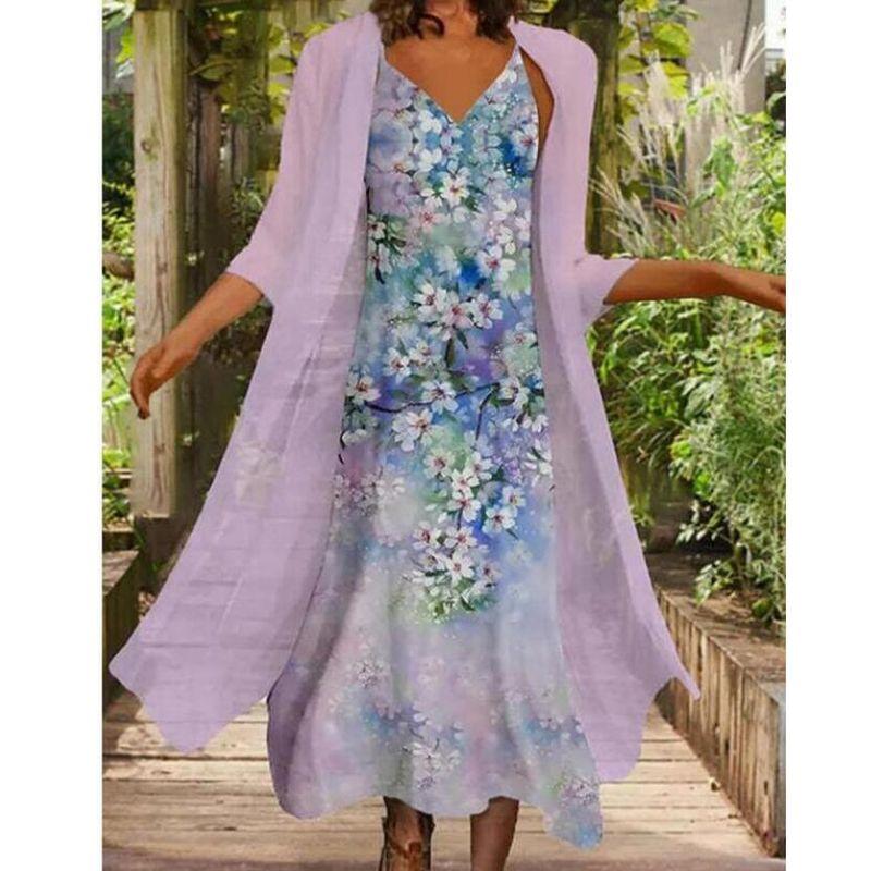 

Amazon V-neck Elegant Chiffon Dress Two-Piece Set Blue 2XL