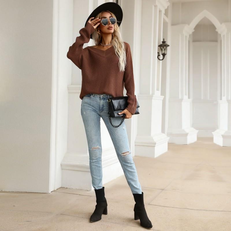 YYFS Damenmode Lässiger Einfarbiger Druck Herbst Winter Langarm V-Ausschnitt Lose Pullover