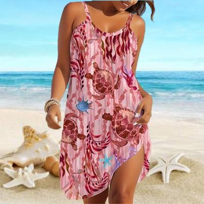 Summer Women's Casual Beach Wear Mini Dress Sleeveless Loose Fit Turtle Print Camisole Skirt Outdoor Daily Boutique Modern Dress