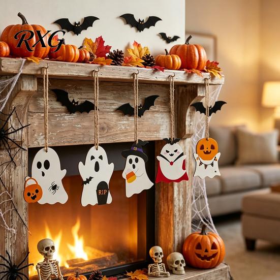 Halloween Party Supplies Ghost Wooden Hanging Sign with Hemp Rope, Cute Indoor Signs Pendants for Home Wall Decorations Outdoor Decor