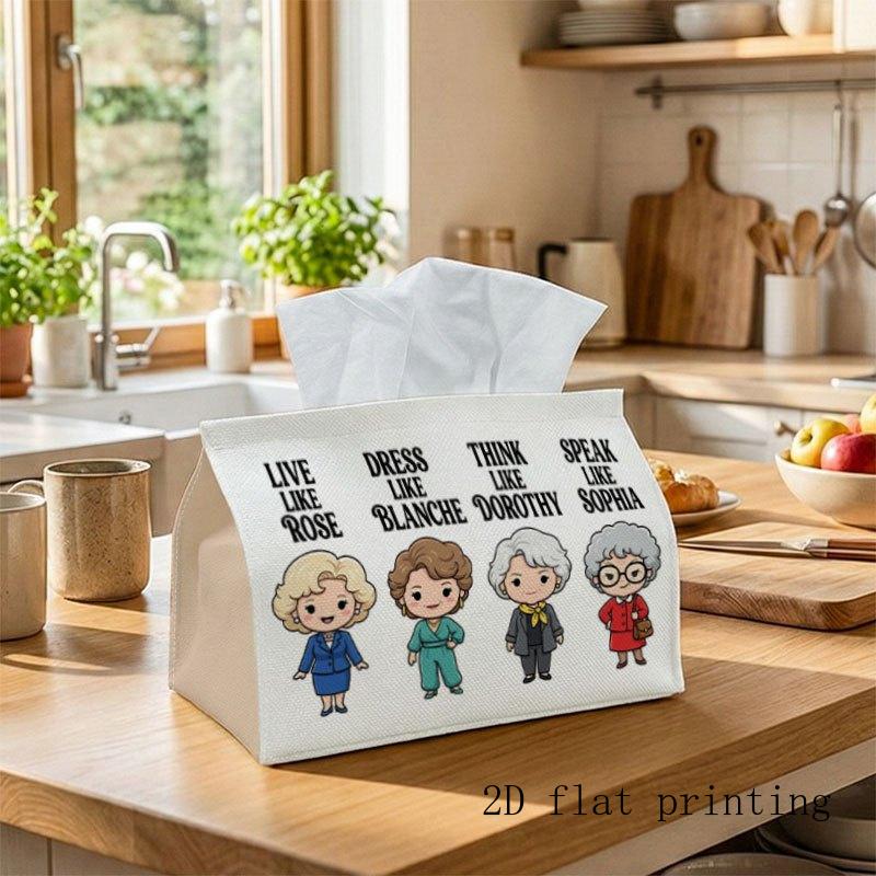 1pc Minimalist Character Tissue Box Cover "Live Like Rose Dress Like Blanche" Durable Fabric Dispenser with Rounded Edges, Spill- And Washable, Perfec