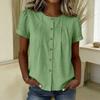 Womens Casual Button Front Short Sleeve Pleated Round Neck Loose Fit Blouse Top Lightweight Comfortable Fabric
