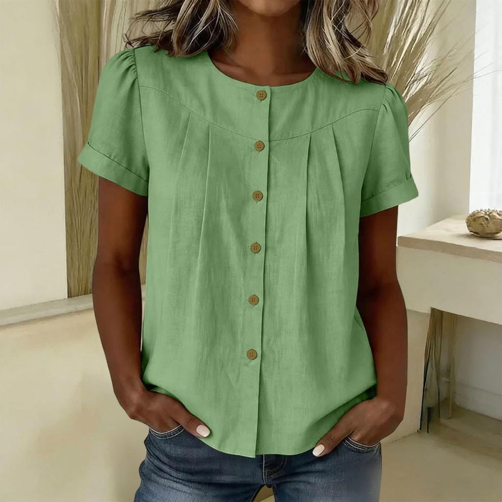 Womens Casual Button Front Short Sleeve Pleated Round Neck Loose Fit Blouse Top Lightweight Comfortable Fabric
