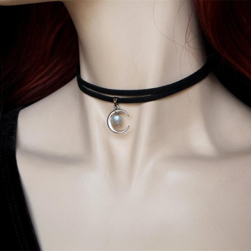 Personality Retro Double Layer Black Velvet Crescent Moon Spectrolite Pendant Necklace for Women Y2K Jewelry Accessories Gifts