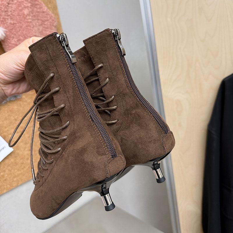 Retro Lace Up Pointed Toe Ankle Boots Women Suede Low Heel Fashion Dress Short Boot Ladies New Autumn Women Boots Botas Mujer