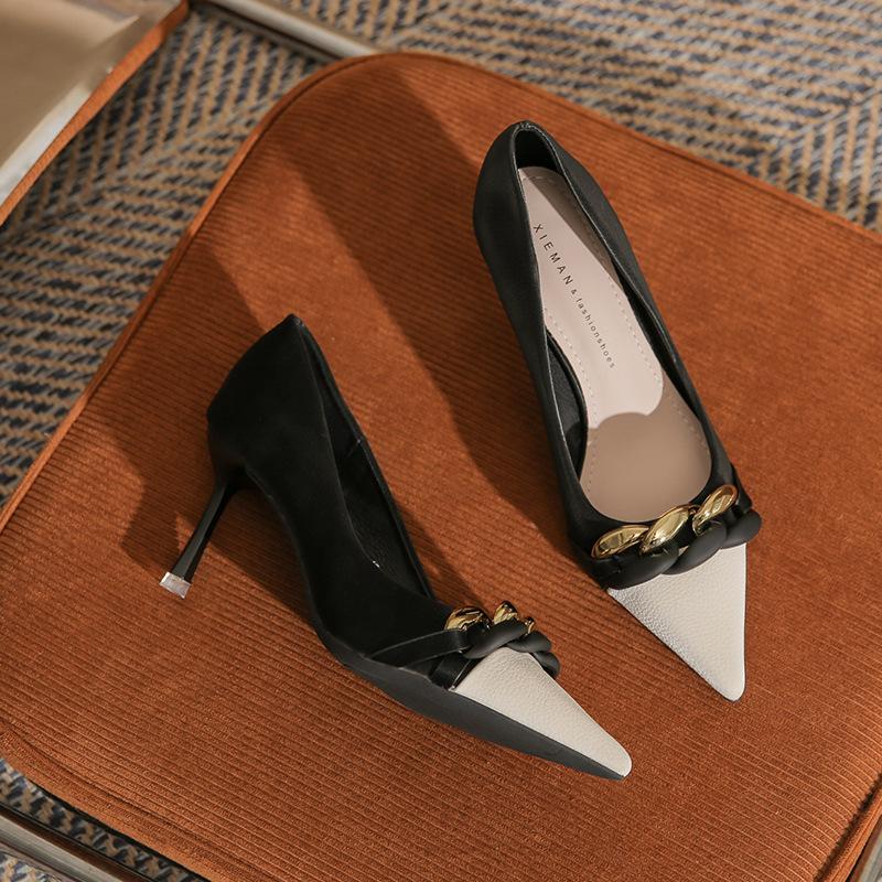 

Темпераментная светская дама маленький ароматный стиль тонкий каблук легкий рот туфли на высоком каблуке женские туфли классическая металлическая пряжка сращивание модные женские туфли 39