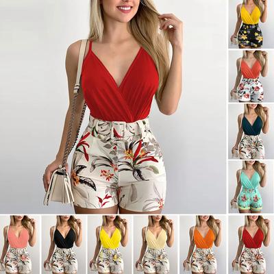Fashion Summer Women's Two-piece Beach Suit Sexy Slim Short Top Shorts Printing Casual Suspenders Package Hips 2 Piece Set 2
