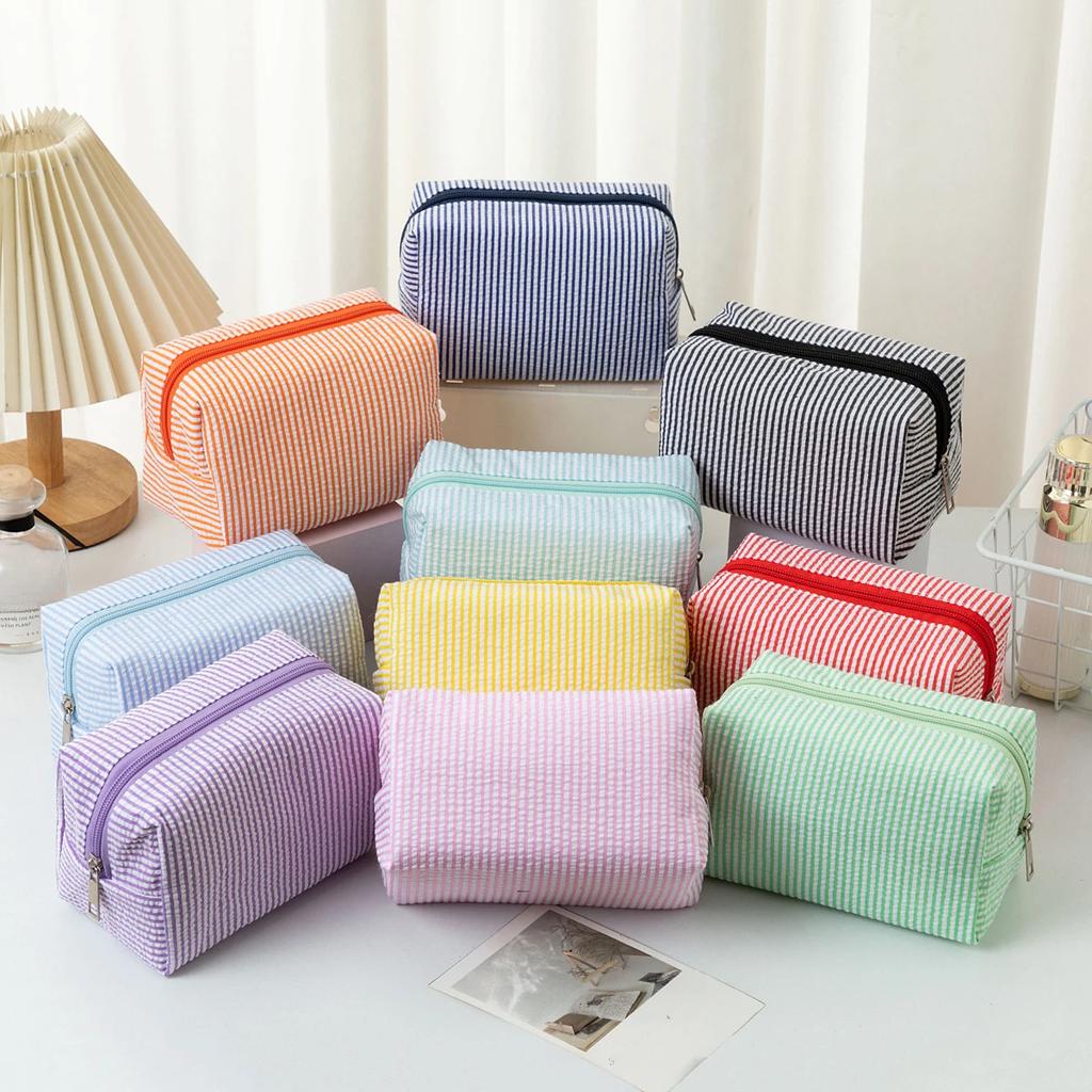 Striped Makeup Bags for Women Pink Purple Cosmetic Organizer Zipper Pouch Travel Storage Bag