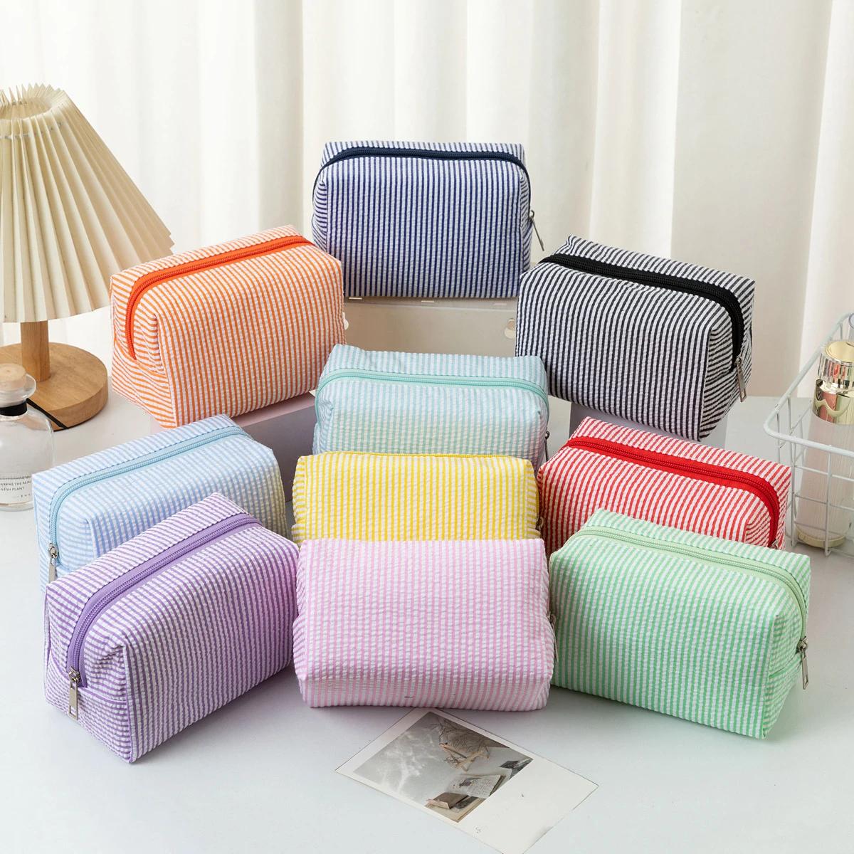 

Striped Makeup Bags for Women Pink Purple Cosmetic Organizer Zipper Pouch Travel Storage Bag 16x9x9cm