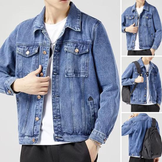Pánská džínová bunda Klopa Dlouhý rukáv Kapsy s klopou Jednobarevný kabát Zapínání na knoflíky Neformální džínové svrchní oblečení Každodenní nošení