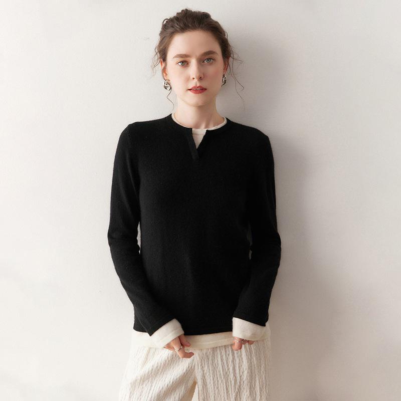 Korean Style Color Block Women's Cashmere Knit Patchwork Top - Fake Two-Piece, Round Neck, Long Sleeve