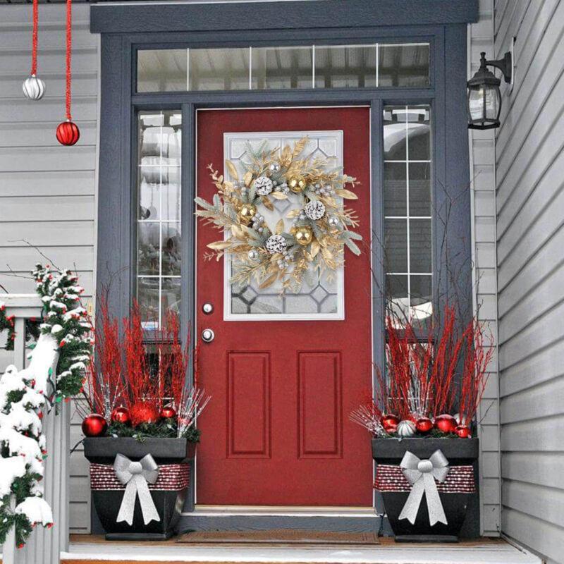 Artificial Christmas Wreath Branch Rattan Golden Garland For Front Door Hanging Wall Indoors Outdoors Christmas Ornament Decor