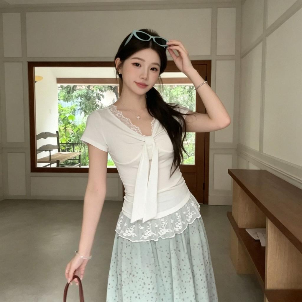 French Sweet Wind V-neck Bow Short-sleeved T-shirt Women's Summer New Lace Waist Thin Versatile Top