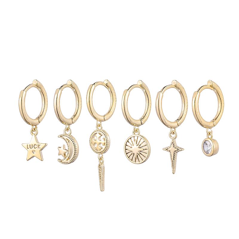 

ANENJERY 6 шт./компл. серьги-кольца с изображением солнца, луны и звезды, милые блестящие женские украшения ручной работы в стиле хип-хоп для девочек, вечерние украшения золотистый