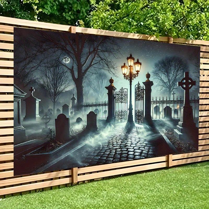 1 Piece of 2D Flat Banner - Cemetery Mist Polyester Background Fabric - Scenery of the Sepoos Cemetery and Gothic Gate