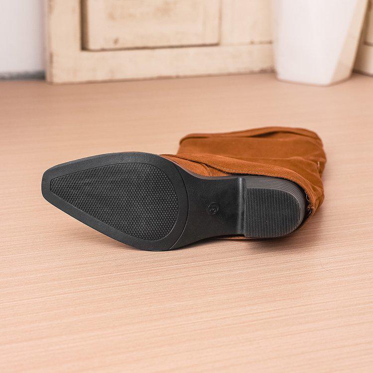 2025 Autumn British Style Ruched Knee-High Chunky Heel Fashion Boots for Women In Plus Sizes