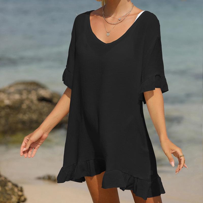 

European & American Vacation Style Ruffle V-Neck Sun Protection Beach Cover-Up Shirt One Size чорний