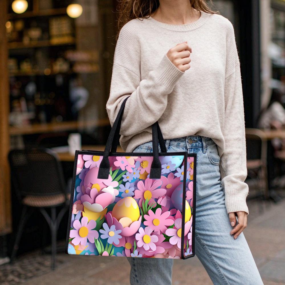 Easter Floral Tote Bag Fashion Large Capacity Daily Shopping Shoulder Handbag for Women
