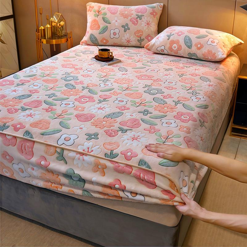 WOSTAR Luxury double bed fitted sheet elastic mattress protector cover couple winter warm fluffy coral fleece bedspread 150x200