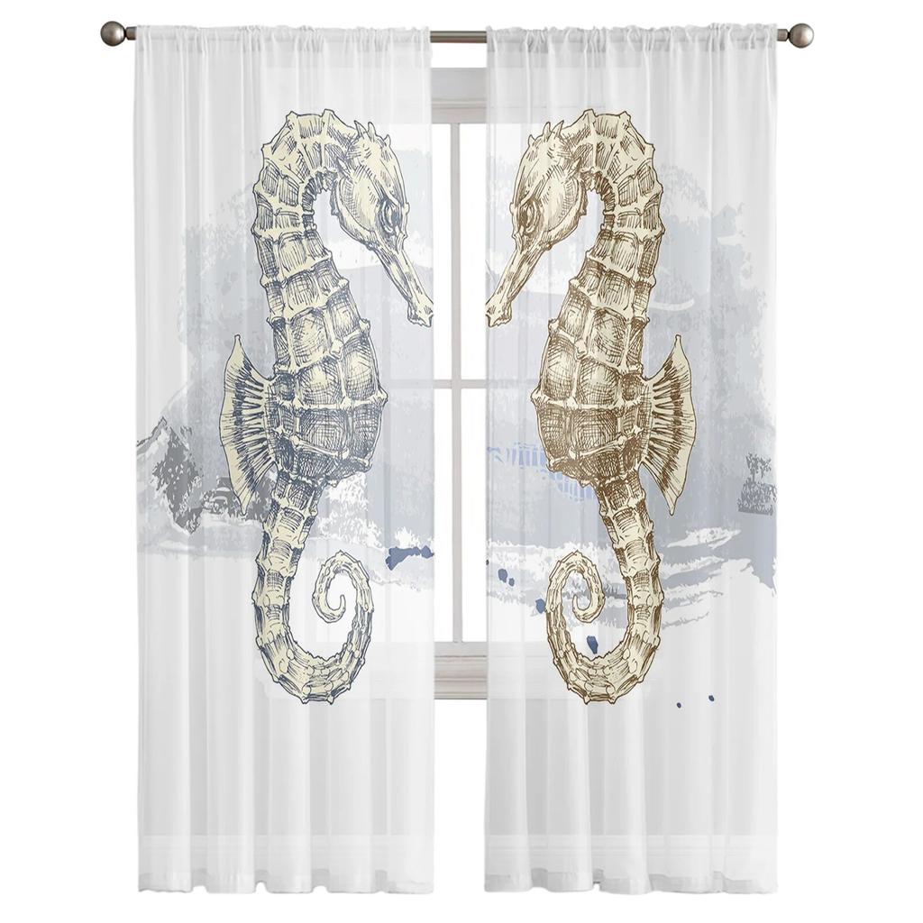 Marine Life Two Seahorses Sheer Curtains for Living Room Voile Curtain Bedroom Bathroom Tulle Curtains Window Drapes